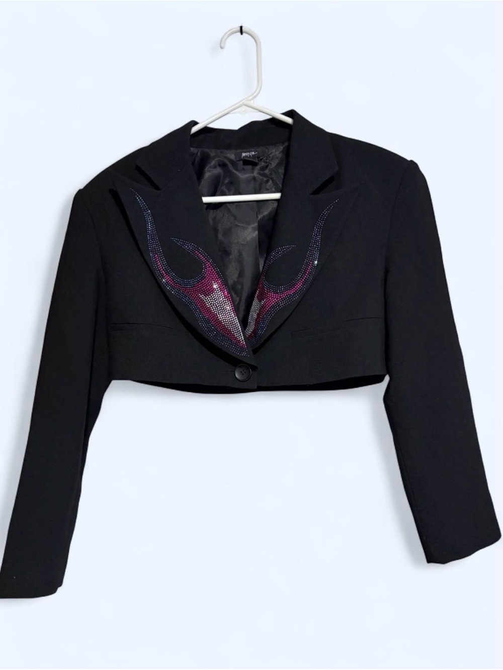 Nasty Gal Black Cropped Blazer with Pink & Purple Flame Rhinestones